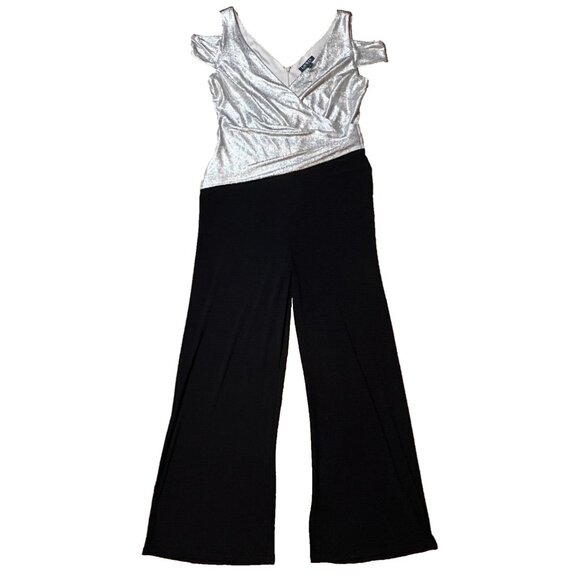 Lauren Ralph Lauren Cold Shoulder Black Gold Sleek V-Neck Wide Leg Jumpsuit 14 - Picture 1 of 14